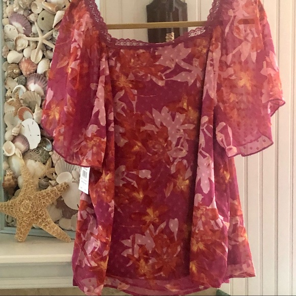 NWT Sheer Fuchsia Pink with Orange Floral Retrology Top, lined Sz XLarge - Picture 2 of 8